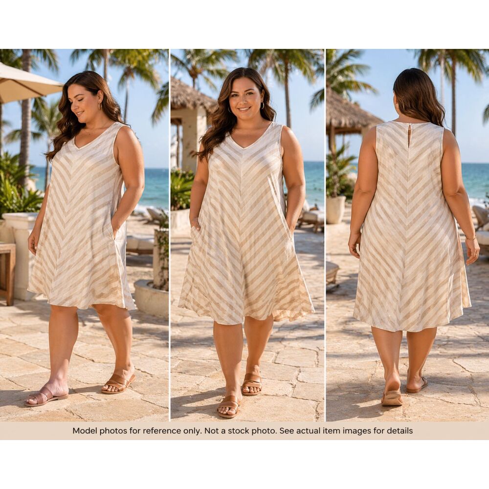 Liz Claiborne Woman Beige‎ Cream Striped Linen Blend Sleeveless Dress 0X